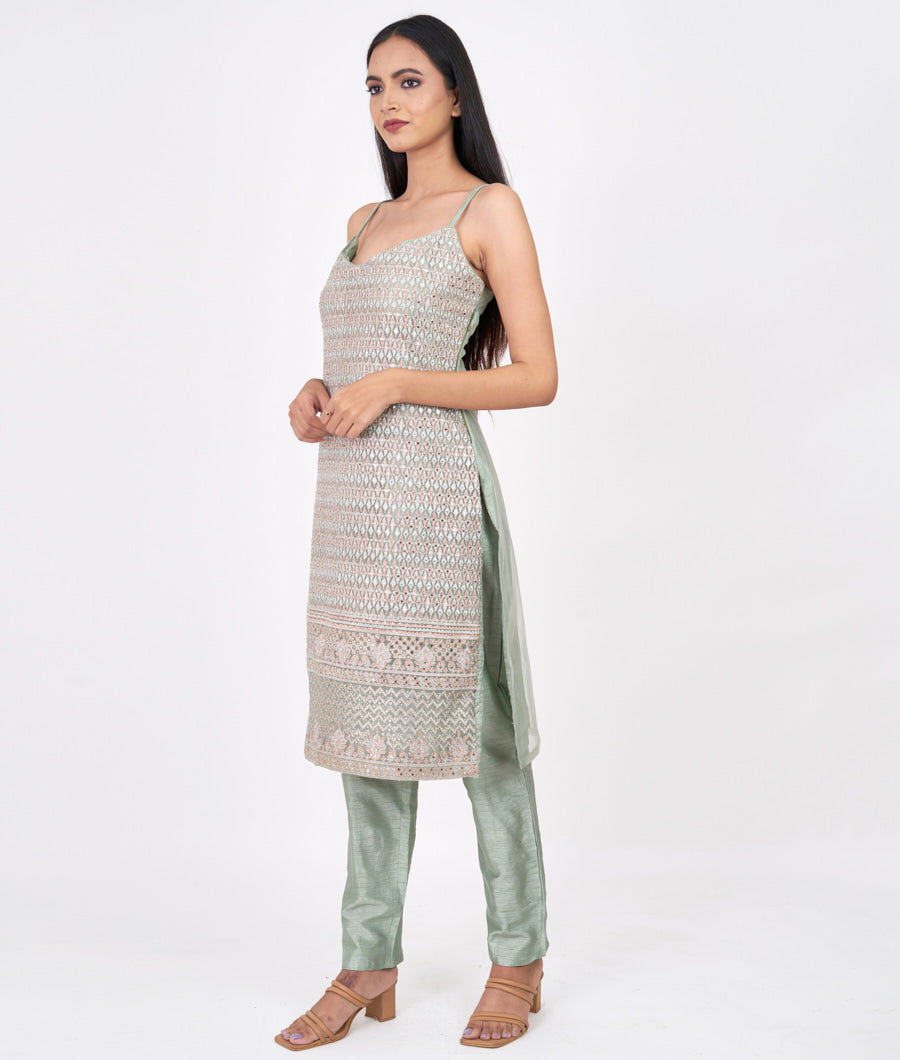 Pista Green Thread And Zari Embroidery With Swarovski Stone Work Straight Cut Top With Pencil Pants Bottom Salwar Kameez_KNG100264