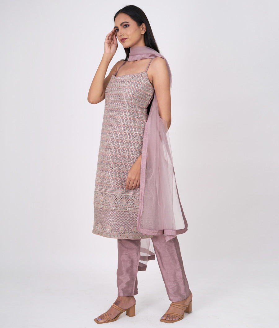 Lavender Thread And Zari Embroidery With Swarovski Stone Work Straight Cut Top With Pencil Pants Bottom Salwar Kameez