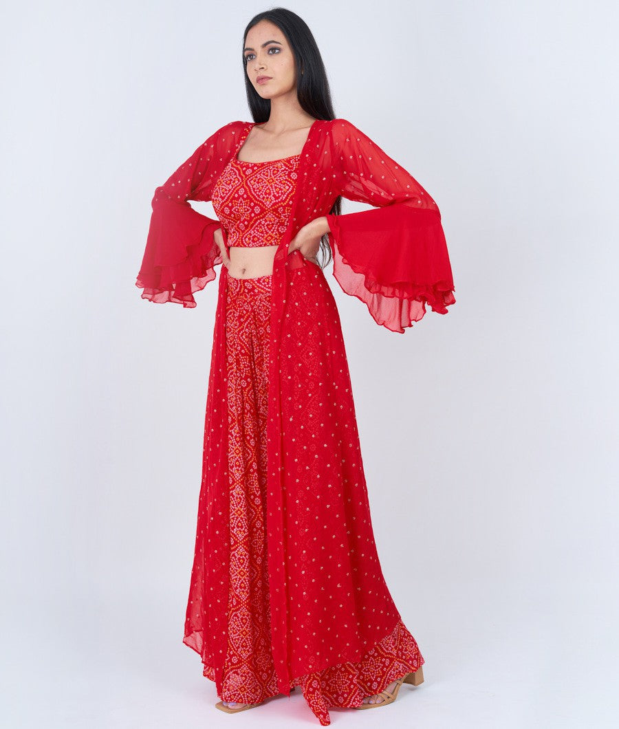 Red Bandhani Print With Zari Embroidery Work Crop Top With Palazzo Set Salwar Kameez_KNG100299
