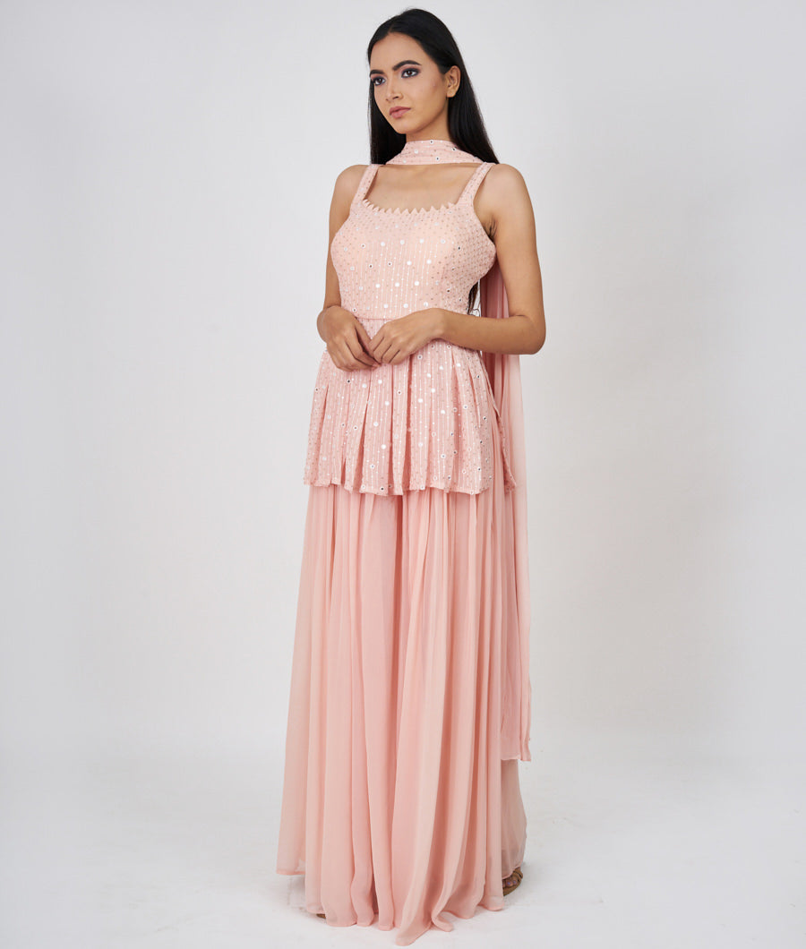 Peach Thread Embroidery With Sequins And Mirror Work Peplum Top With Palazzo Set Salwar Kameez