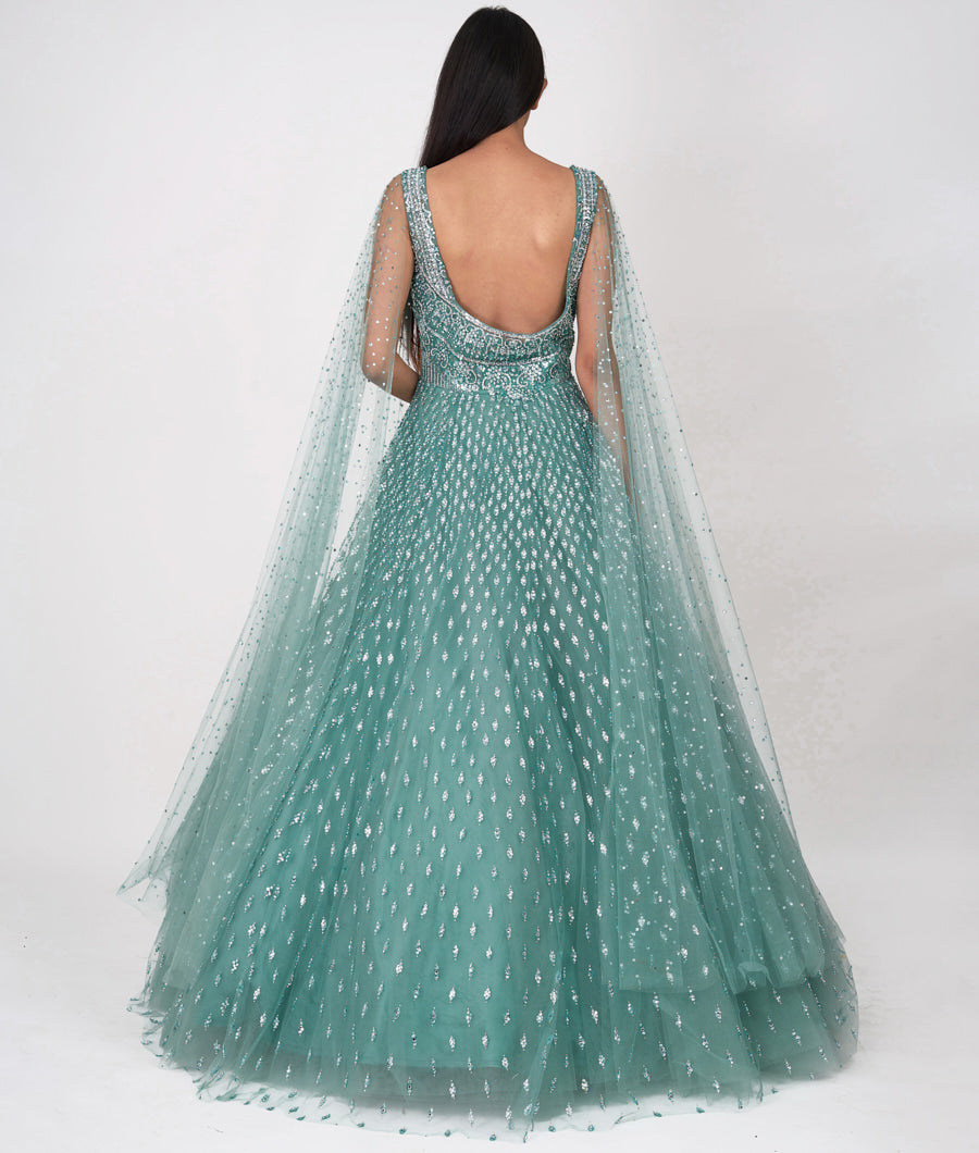 Green Self Sequins With Mirror And Jarkan Stone Work Ball Gown Gown