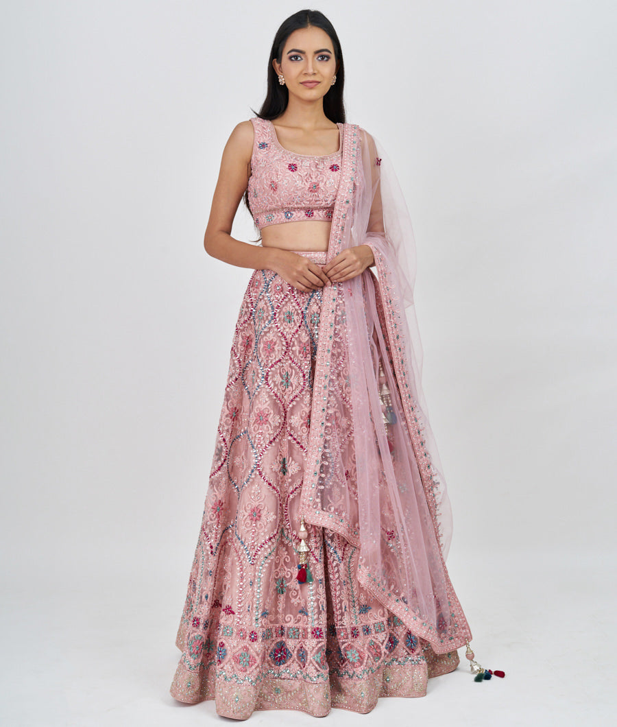 Pink Multi Color Thread And Zari Embroidery With Sequins And Cutdana And Pearl And Jarkan Stone Work  Lehenga