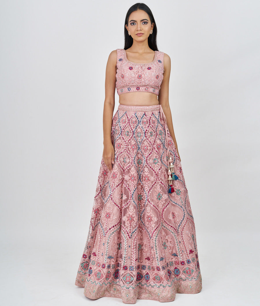 Pink Multi Color Thread And Zari Embroidery With Sequins And Cutdana And Pearl And Jarkan Stone Work  Lehenga