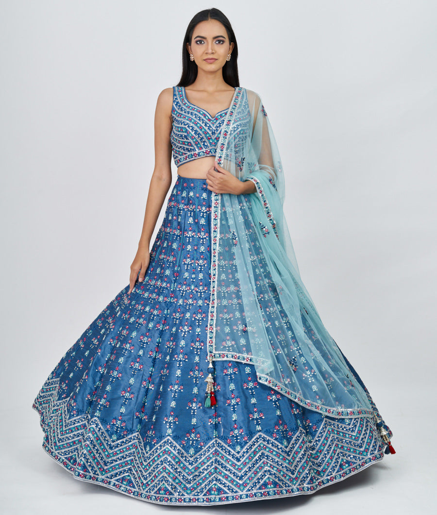 Azure Blue Multi Color Thread Embroidery With Sequins And Gota Patti And Swarovski Stone Work  Lehenga