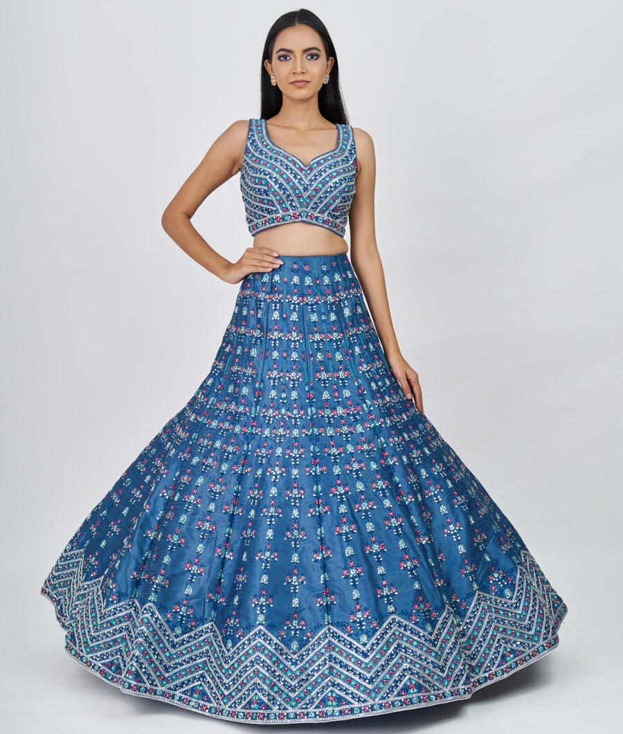 Azure Blue Multi Color Thread Embroidery With Sequins And Gota Patti A ...
