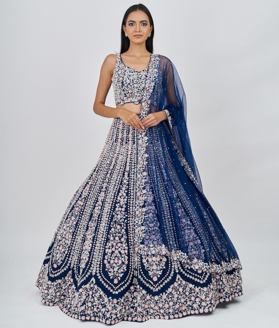 Navy Blue Multi Color Sequins With Pearl And Jarkan Stone Work  Lehenga