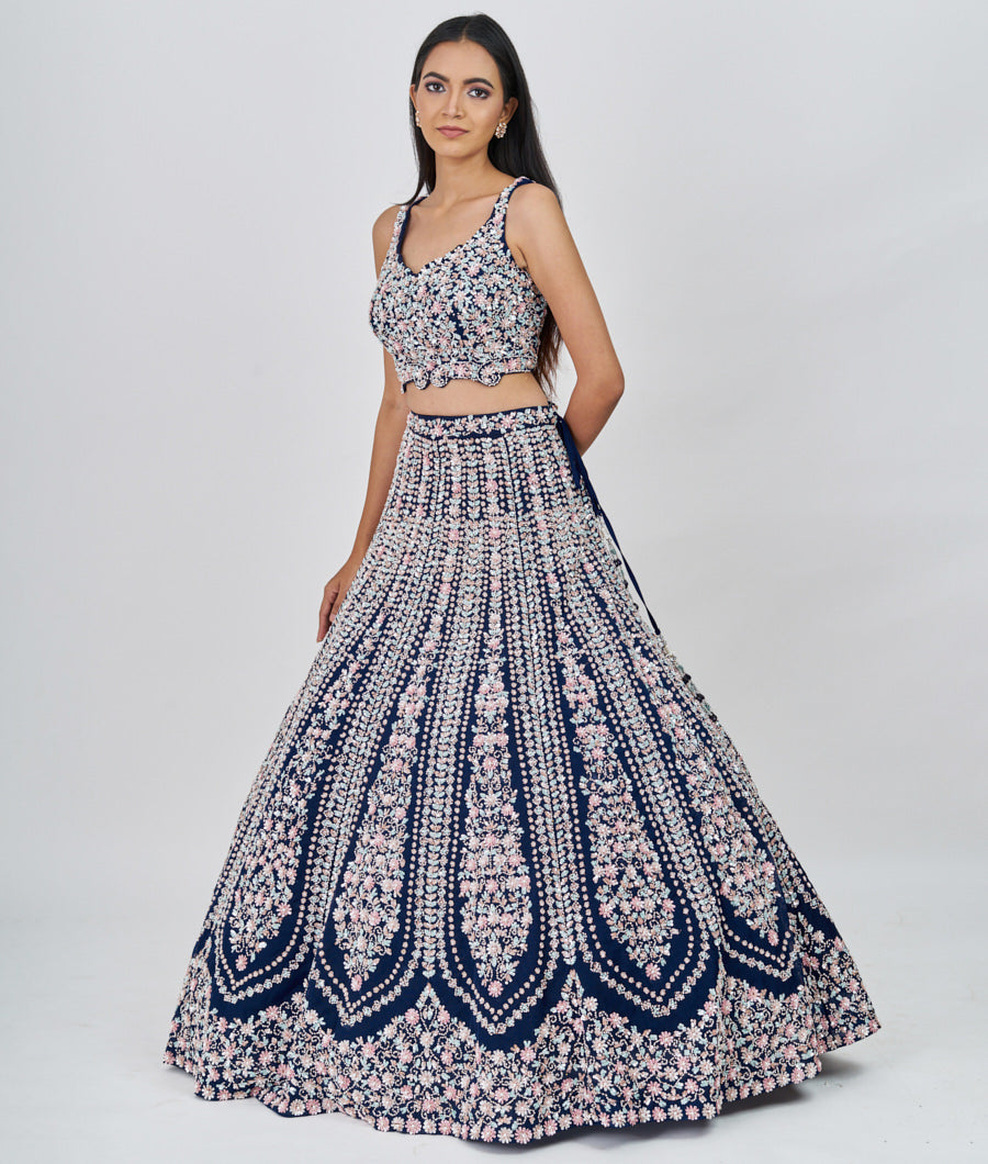 Navy Blue Multi Color Sequins With Pearl And Jarkan Stone Work  Lehenga