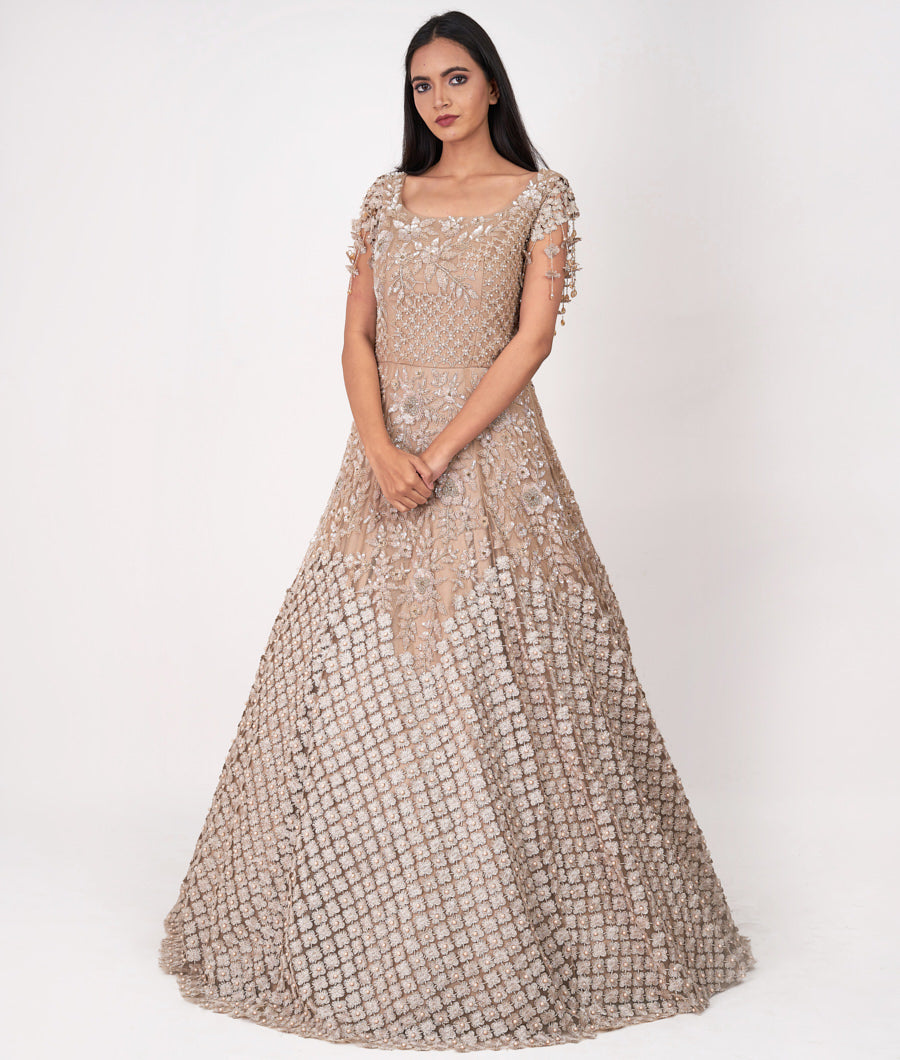 Nude Self Sequins With Cutdana And Jarkan Stone And Pearl And Applic Work Ball Gown Gown