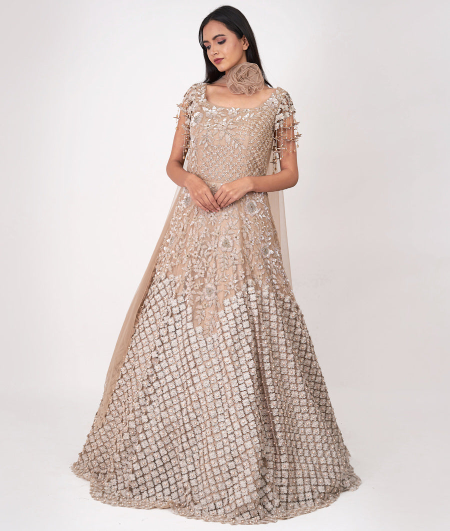 Nude Self Sequins With Cutdana And Jarkan Stone And Pearl And Applic Work Ball Gown Gown