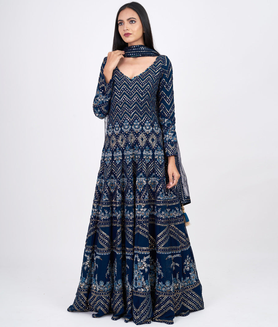 Navy Blue Multi Color Thread Embroidery With Mirror And Sequins Work Anarkali Salwar Kameez