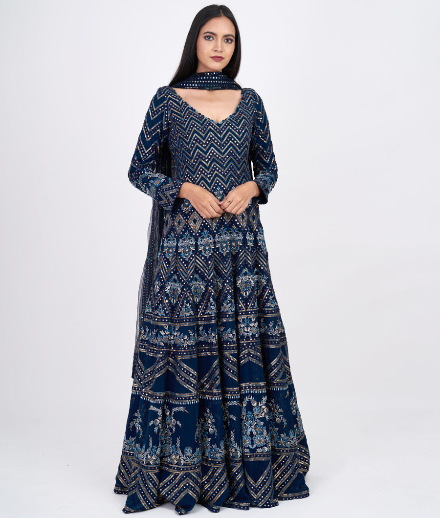 Navy Blue Multi Color Thread Embroidery With Mirror And Sequins Work Anarkali Salwar Kameez