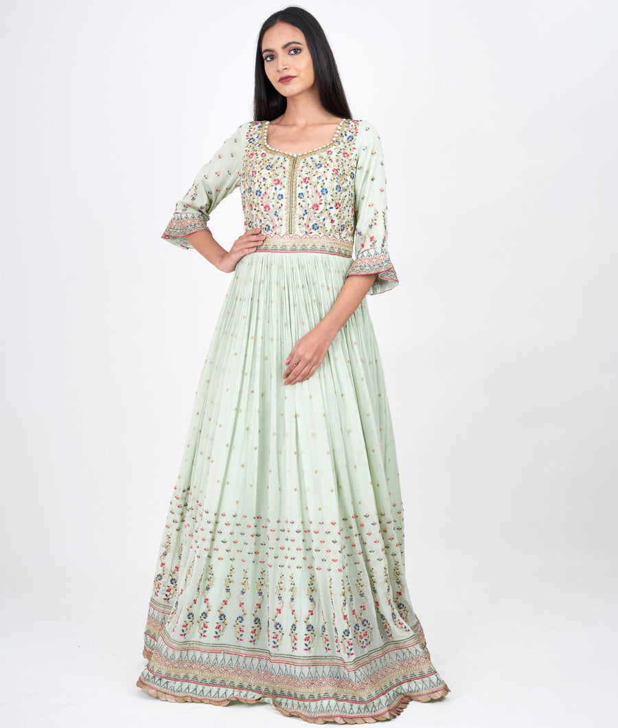 Pista Green Multi Color Thread And Zari Embroidery With Sequins And Kundan Work Anarkali Salwar Kameez