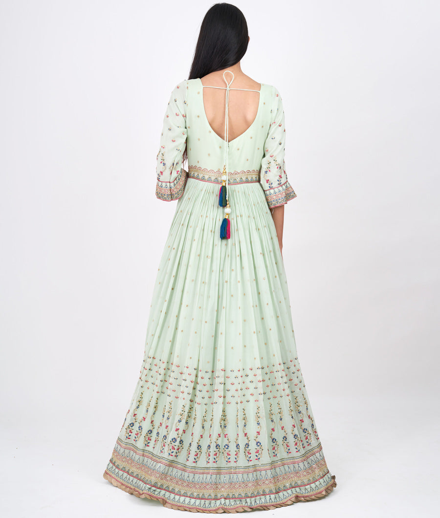 Pista Green Multi Color Thread And Zari Embroidery With Sequins And Kundan Work Anarkali Salwar Kameez