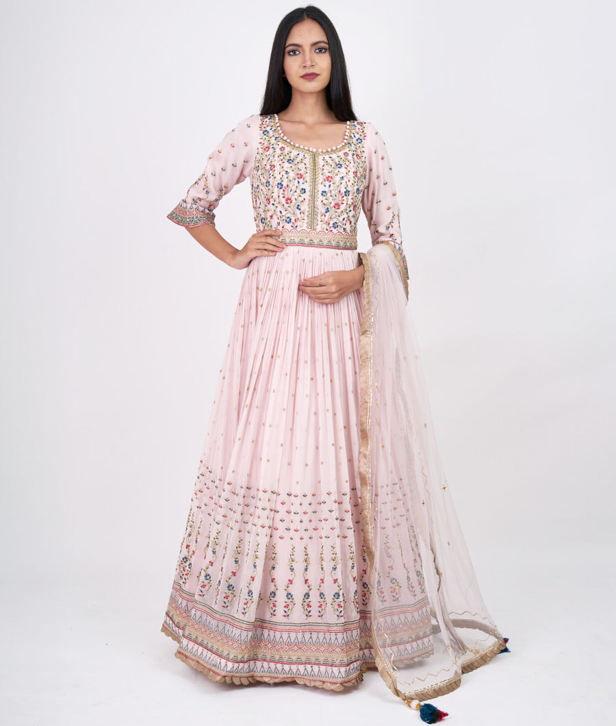 Pink Multi Color Thread And Zari Embroidery With Sequins And Kundan Work Anarkali Salwar Kameez