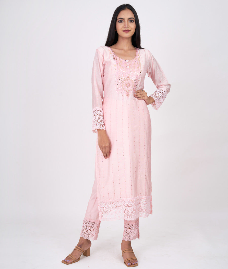 Pink Self Thread Embroidery With Mirror And Sequins Work Straight Cut Top With Pencil Pants Bottom Salwar Kameez