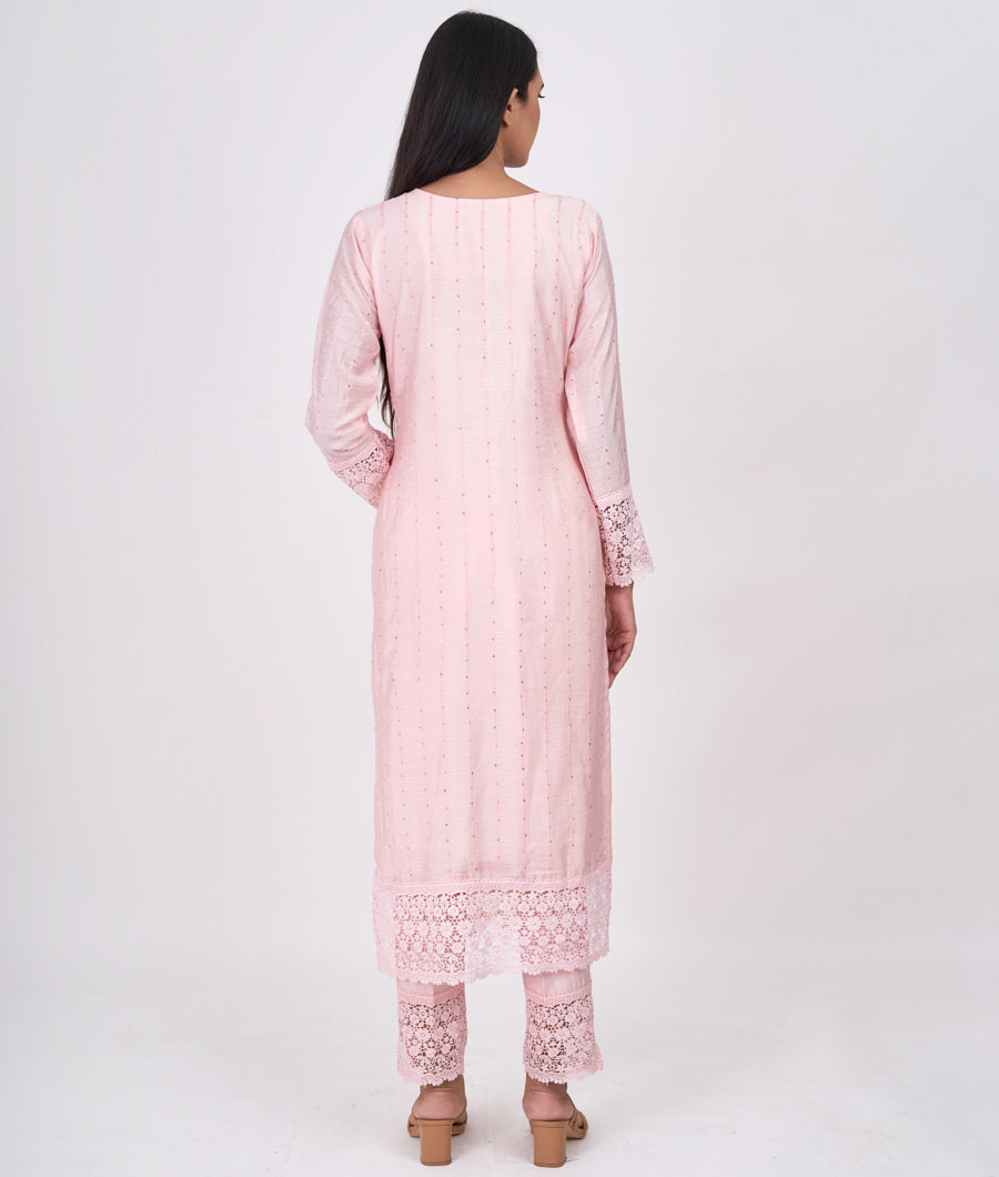 Pink Self Thread Embroidery With Mirror And Sequins Work Straight Cut Top With Pencil Pants Bottom Salwar Kameez