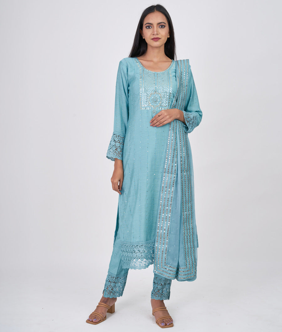 Rama Blue Mirror With Sequins Work Straight Cut Top With Pencil Pants Bottom Salwar Kameez