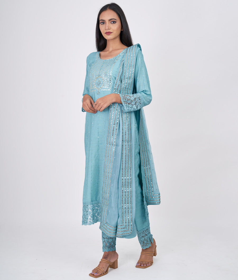 Rama Blue Mirror With Sequins Work Straight Cut Top With Pencil Pants Bottom Salwar Kameez