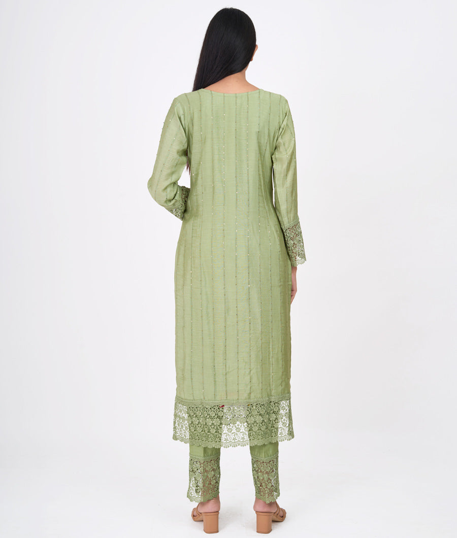 Pista Green Mirror With Sequins Work Straight Cut Top With Pencil Pants Bottom Salwar Kameez