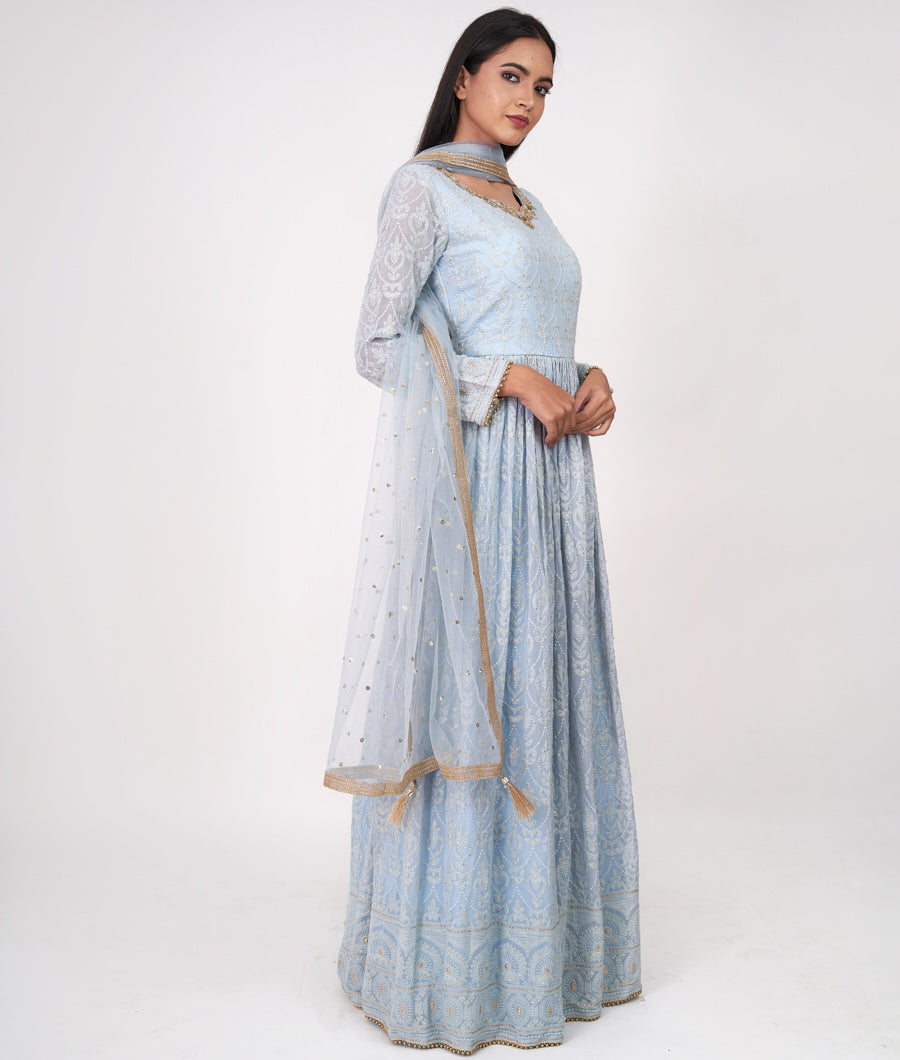 Sea Blue Locknow Embroidery With Sequins And Cutdana And Zardosi And Mirror Work  Anarkali Salwar Kameez