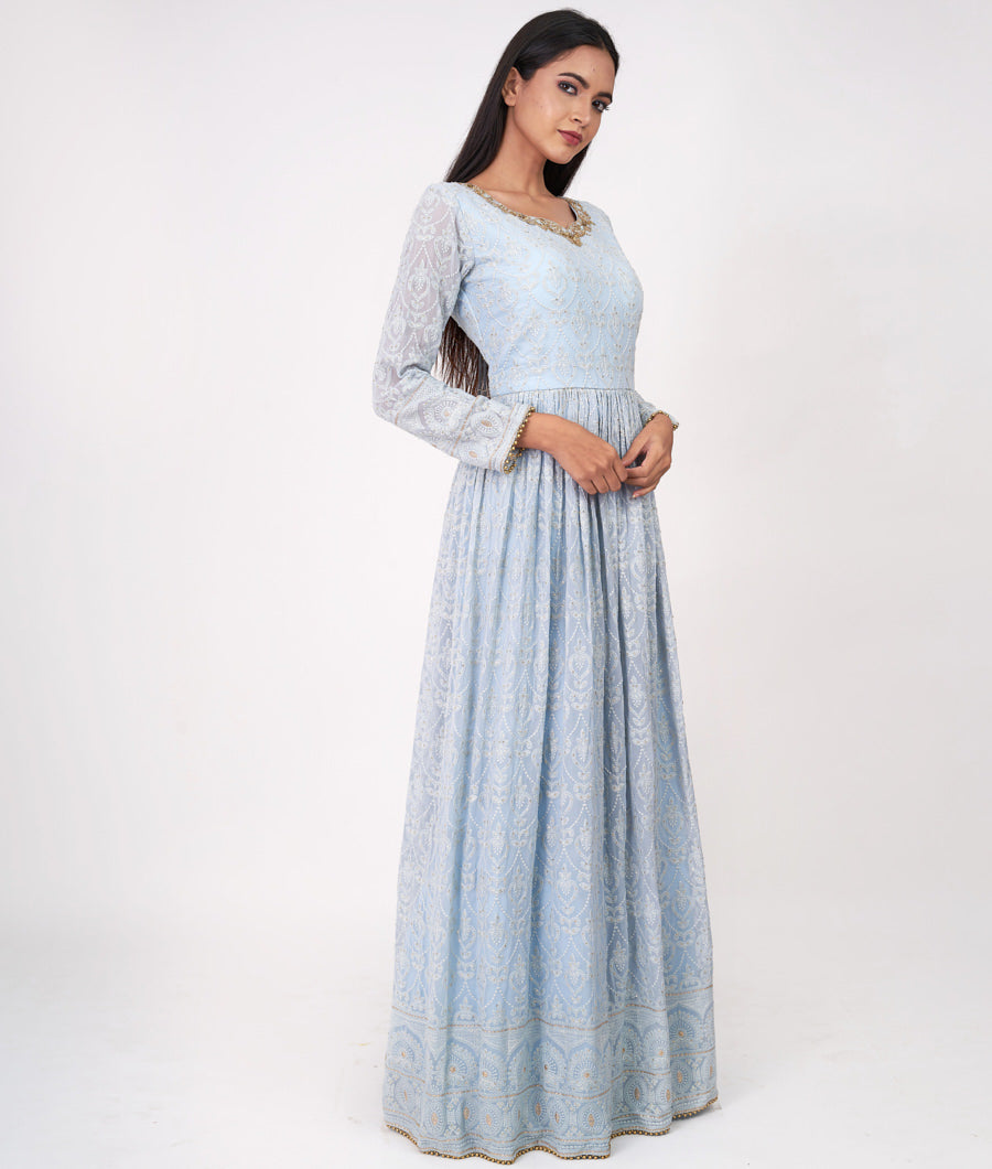 Sea Blue Locknow Embroidery With Sequins And Cutdana And Zardosi And Mirror Work  Anarkali Salwar Kameez