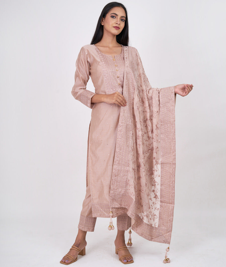 Dark Peach Self Thread Embroidery With Sequins Work Straight Cut Top With Pencil Pants Bottom Salwar Kameez