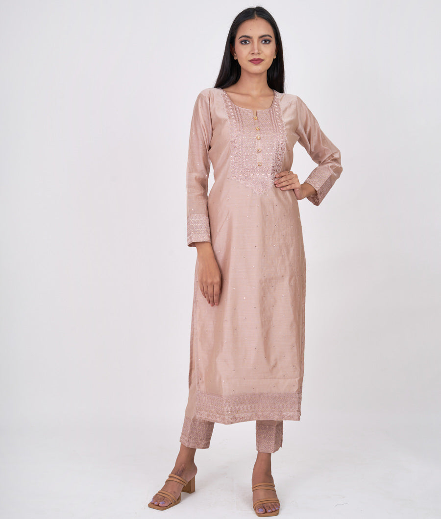 Dark Peach Self Thread Embroidery With Sequins Work Straight Cut Top With Pencil Pants Bottom Salwar Kameez