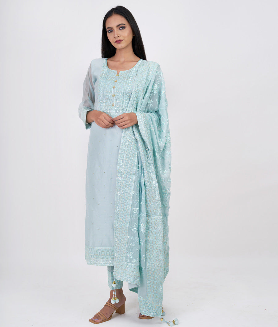 Sky Blue Self Thread Embroidery With Sequins Work Straight Cut Top With Pencil Pants Bottom Salwar Kameez