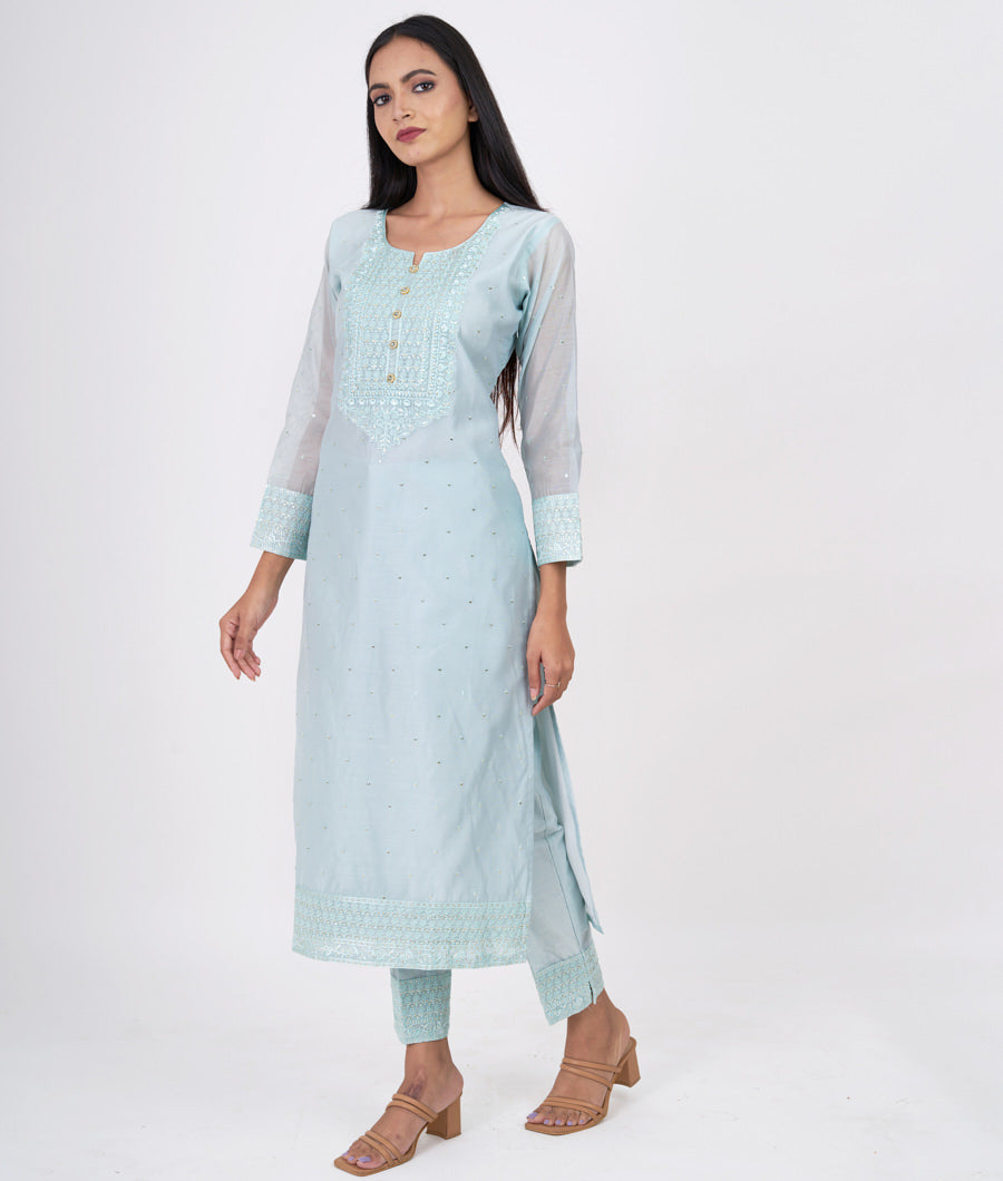 Sky Blue Self Thread Embroidery With Sequins Work Straight Cut Top With Pencil Pants Bottom Salwar Kameez