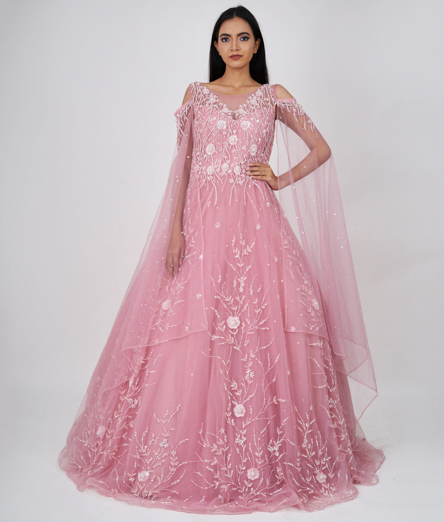 Pink Pearl With Sequins And Mirror And Jarkan Stone Work Ball Gown Gown_KNG98286