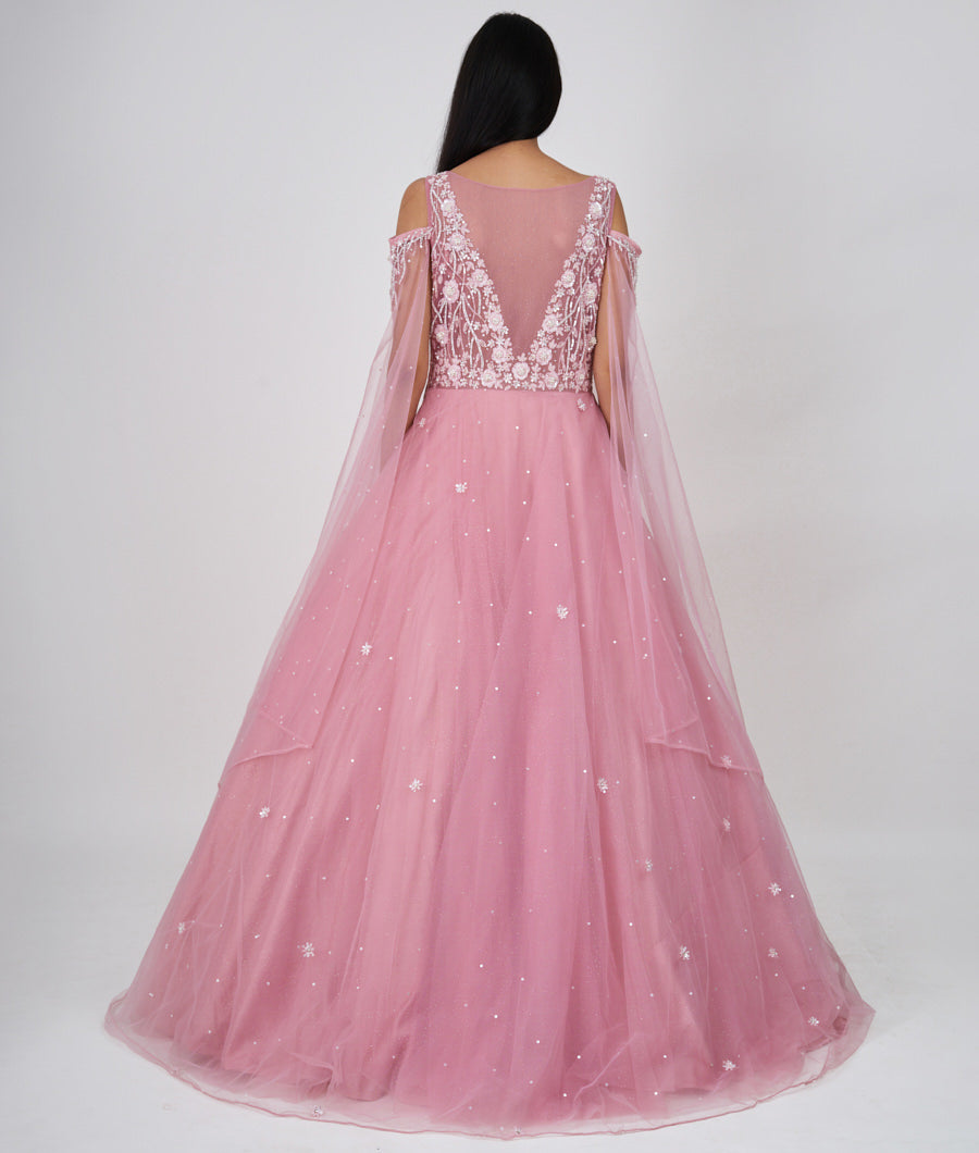 Pink Pearl With Sequins And Mirror And Jarkan Stone Work Ball Gown Gown_KNG98286