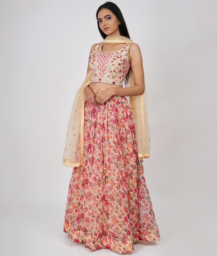 Sandal Floral Print And Thread And Zari Embroidery With Mirror And Jarkan Work  Lehenga