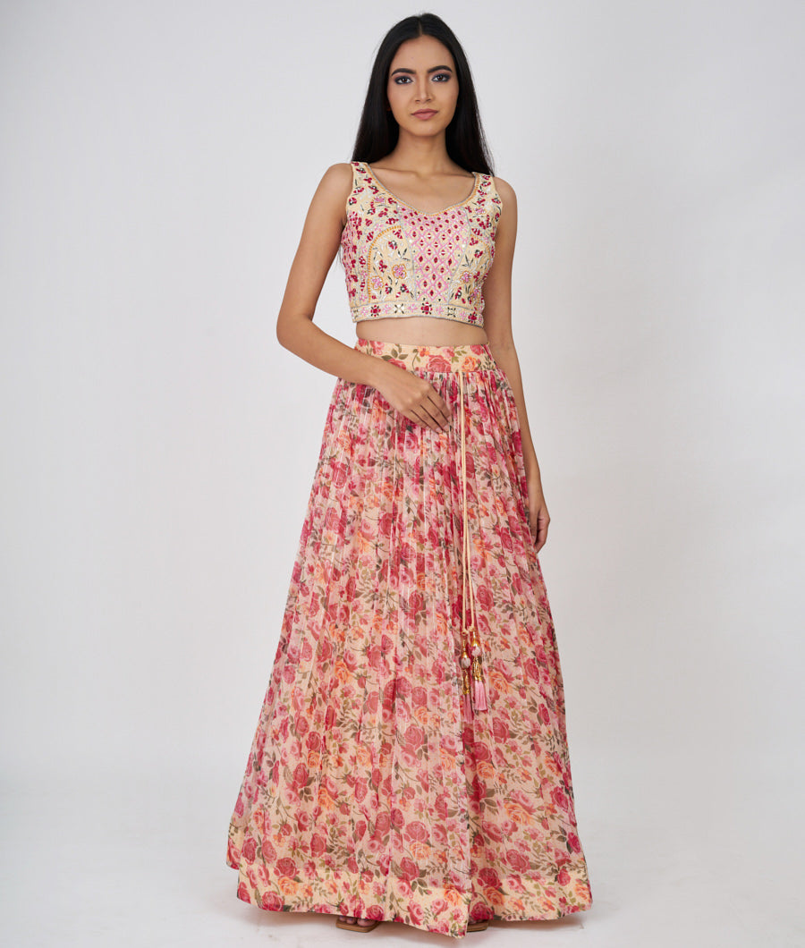 Sandal Floral Print And Thread And Zari Embroidery With Mirror And Jarkan Work  Lehenga