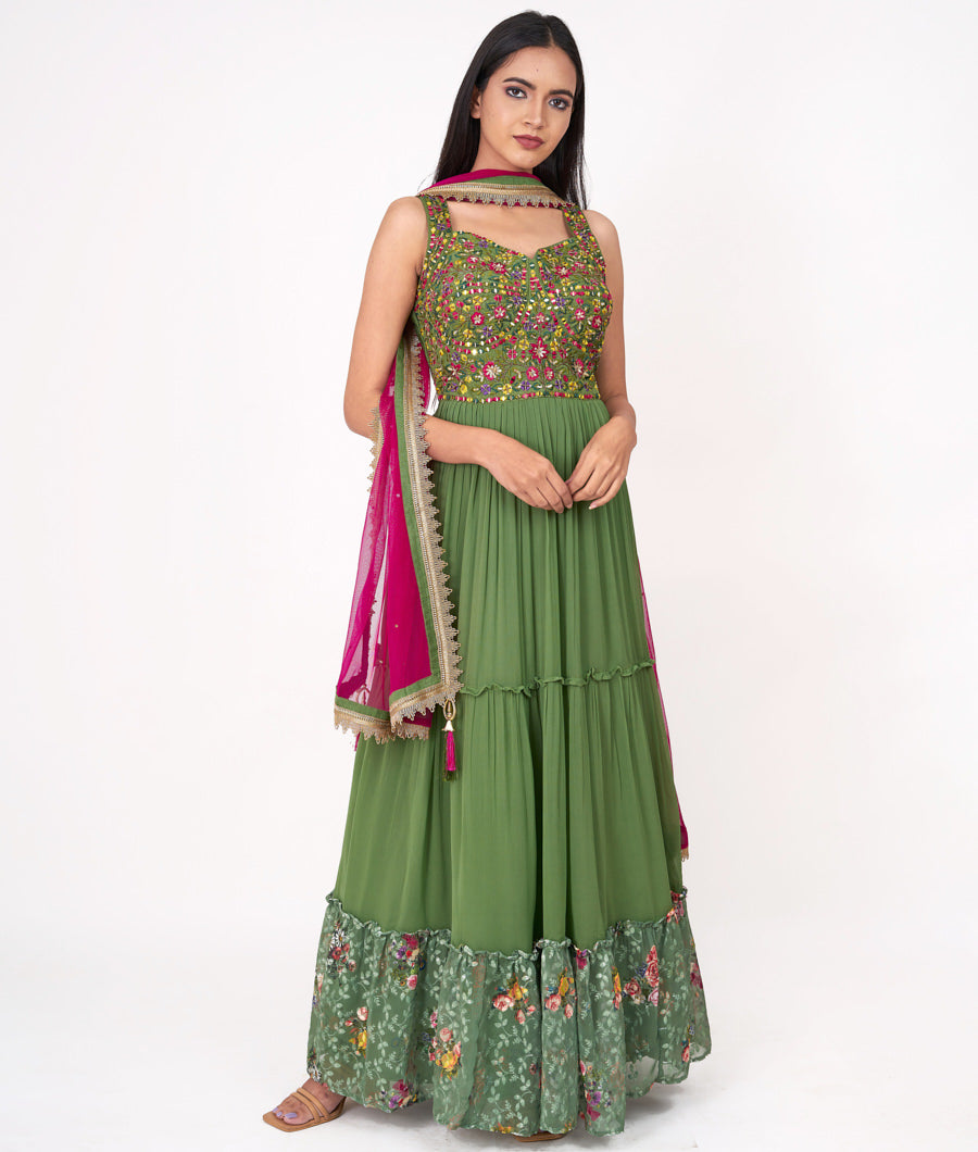 Green Multi Color Thread Embroidery With Sequins And Cutdana And Mirror Work Anarkali Salwar Kameez