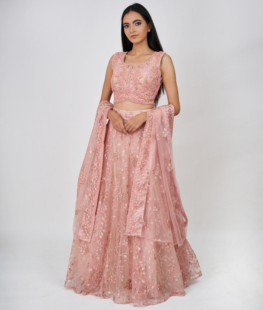 Peach Thread Embroidery With Pearl And Sequins And Cutdana Work Lehenga