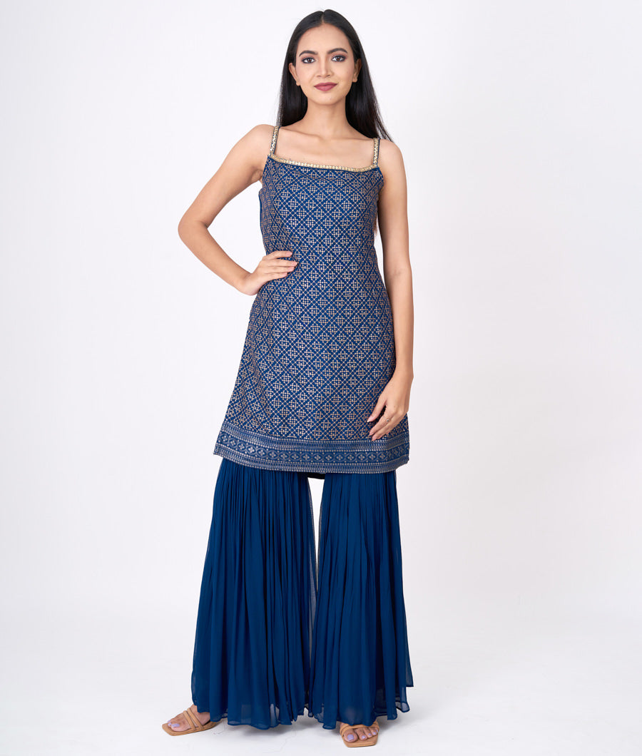 Navy Blue Neck Cutdana And Jarkan Stone Alover Sequins Work And Dupatta Thread Sequins Embroidery  Straight Cut Top With Sharara Bottom Salwar Kameez