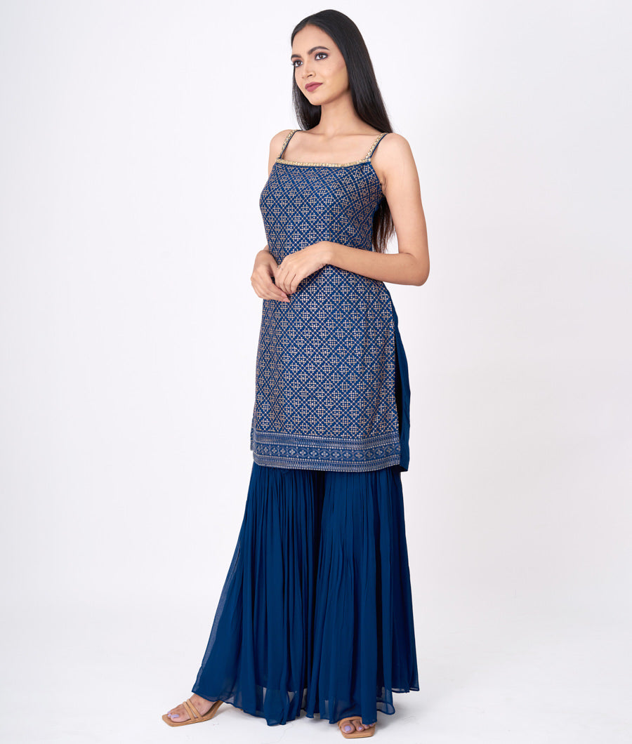 Navy Blue Neck Cutdana And Jarkan Stone Alover Sequins Work And Dupatta Thread Sequins Embroidery  Straight Cut Top With Sharara Bottom Salwar Kameez