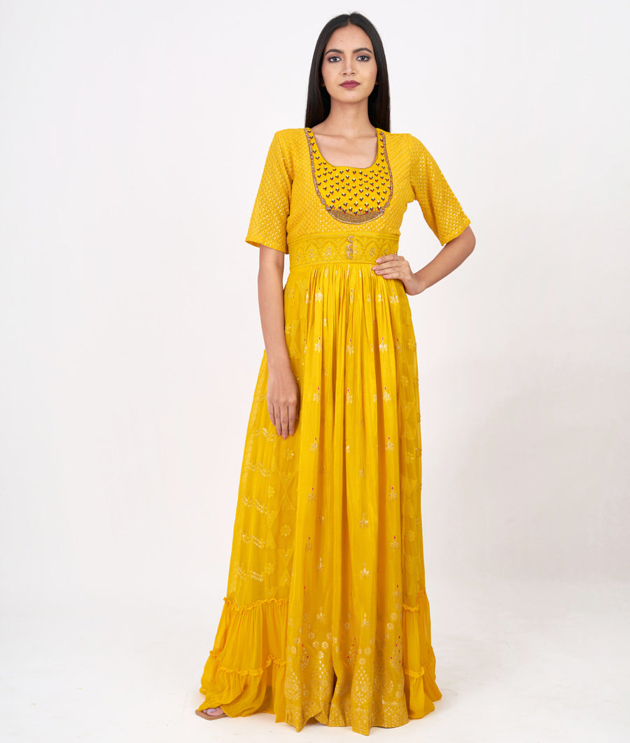 Yellow Pearl With Sequins And Cutdana And Thread Aari Work Anarkali Salwar Kameez_KNG95730