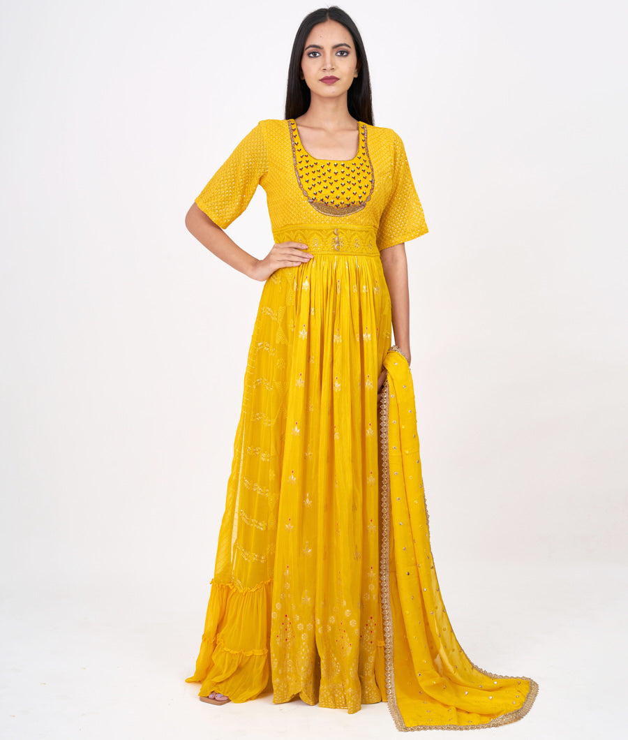 Yellow Thread Embroidery With Sequins And Zardosi Work Straight Cut Top With Palazzo Set Salwar Kameez