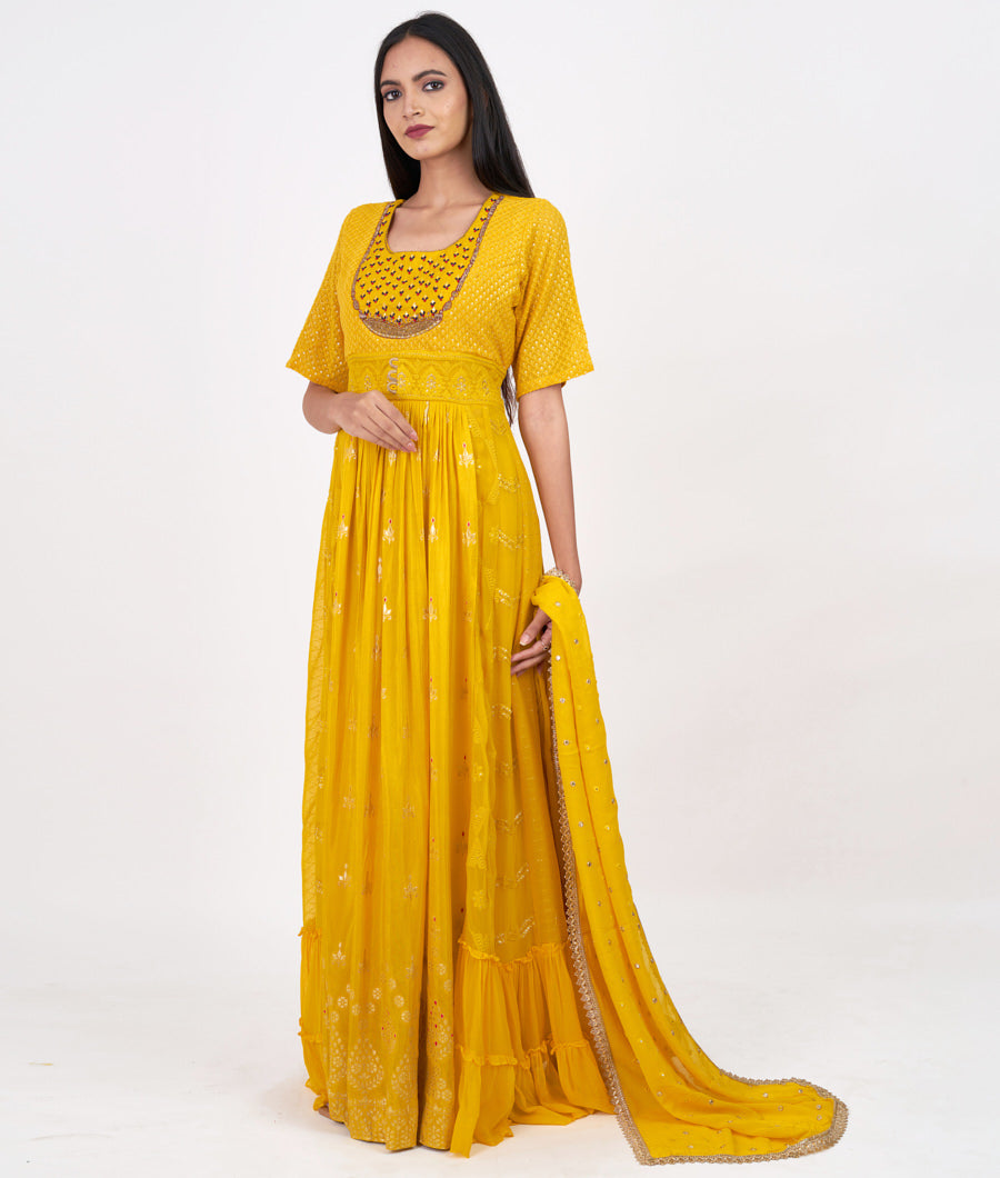 Yellow Thread Embroidery With Sequins And Zardosi Work Straight Cut Top With Palazzo Set Salwar Kameez