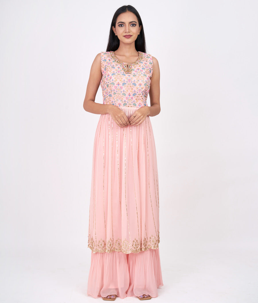 Pink Zari Embroidery With Sequins And Cutdana And Stone Work Straight Cut Top With Sharara Bottom Salwar Kameez_KNG101256