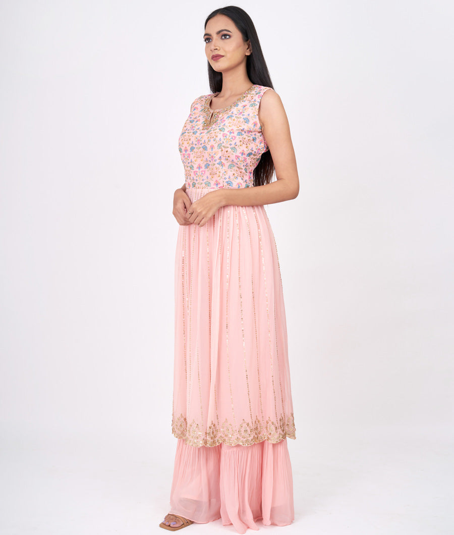 Pink Zari Embroidery With Sequins And Cutdana And Stone Work Straight Cut Top With Sharara Bottom Salwar Kameez_KNG101256
