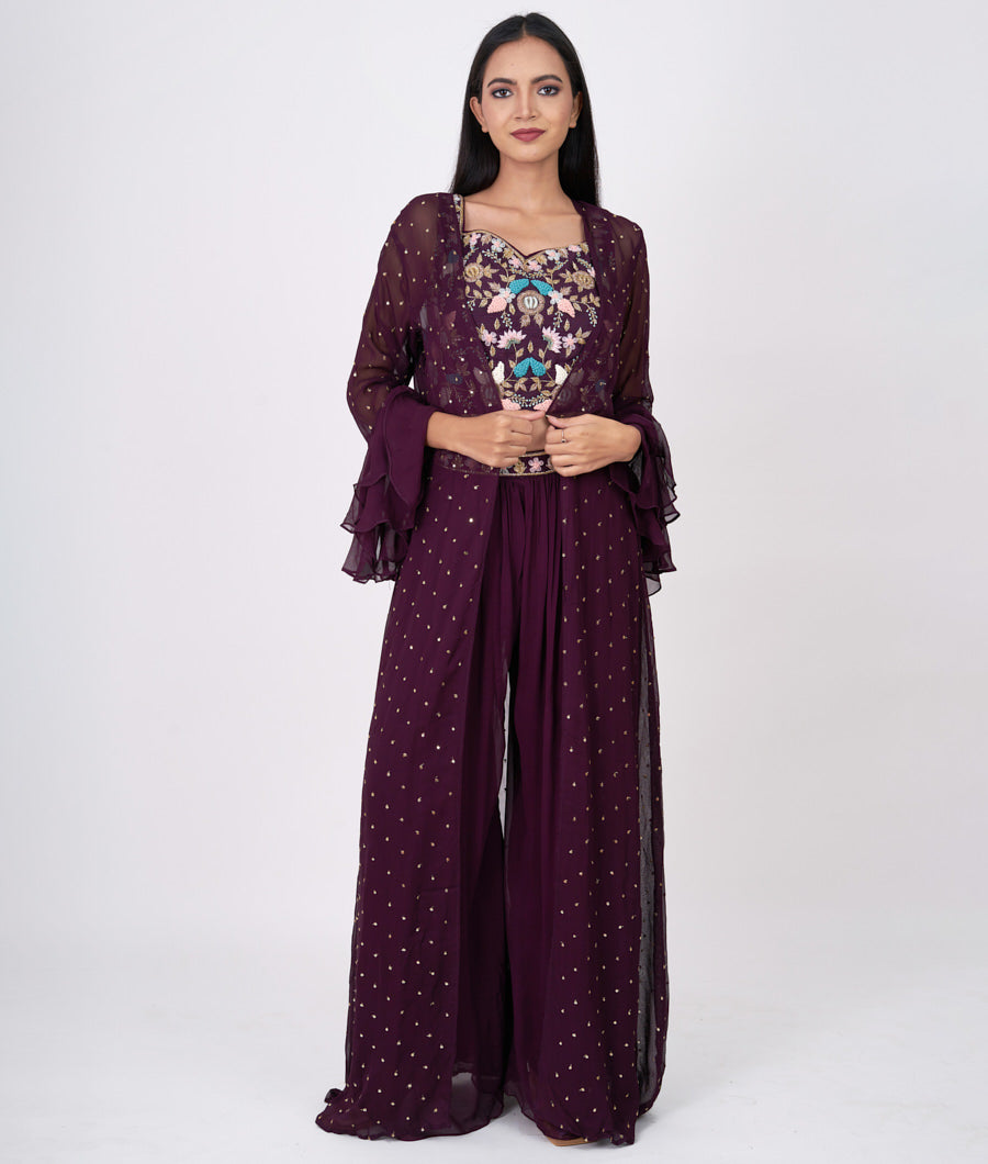 Wine French Knot With Cutdana And Sequins And Applic Work Crop Top With Palazzo Set Salwar Kameez