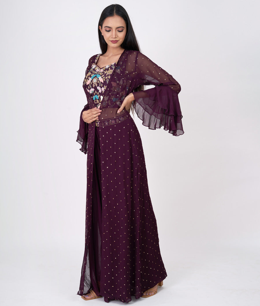 Wine French Knot With Cutdana And Sequins And Applic Work Crop Top With Palazzo Set Salwar Kameez