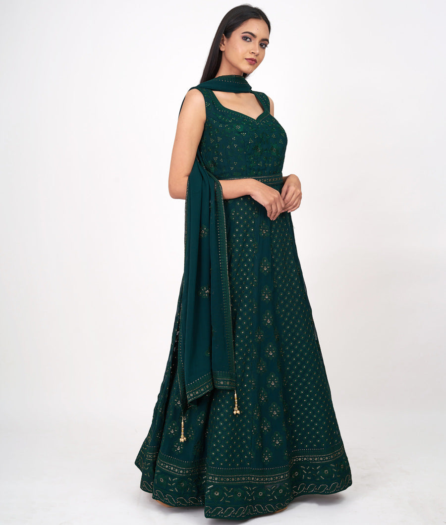 Bottle Green Alover Thread Embroidery With Sequins Anarkali Salwar Kameez