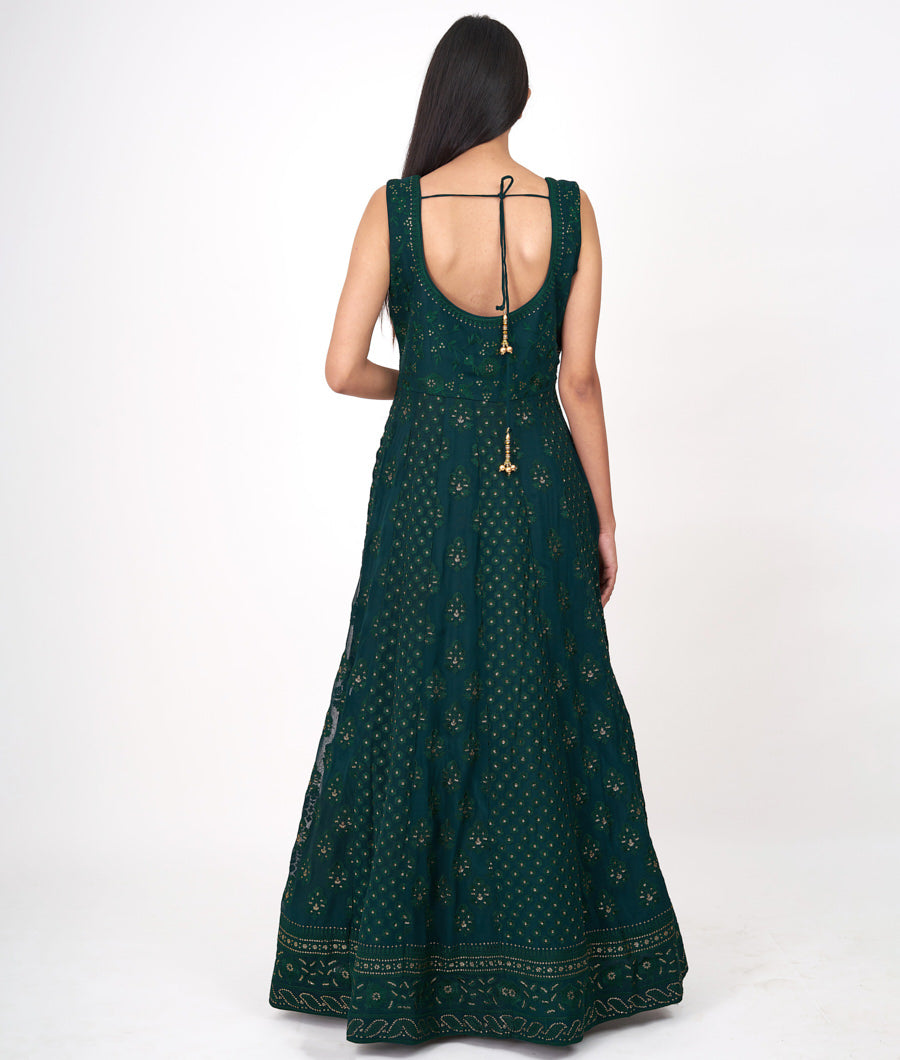 Bottle Green Alover Thread Embroidery With Sequins Anarkali Salwar Kameez