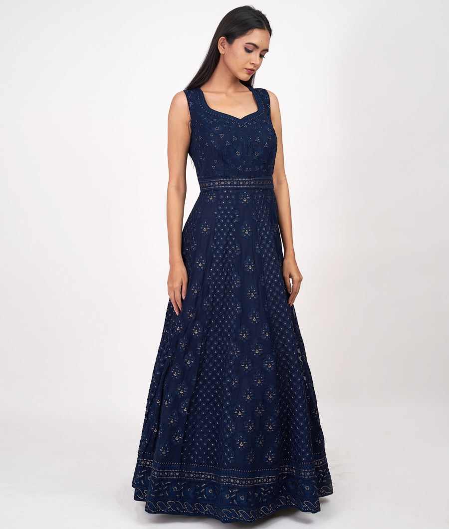 Blue Alover Thread Embroidery With Sequins Anarkali Salwar Kameez_KNG101308