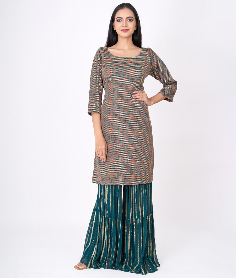 Bottle Green Print With Zari Embroidery Alover Sequins Straight Cut Top With Sharara Bottom Salwar Kameez_KNG101311