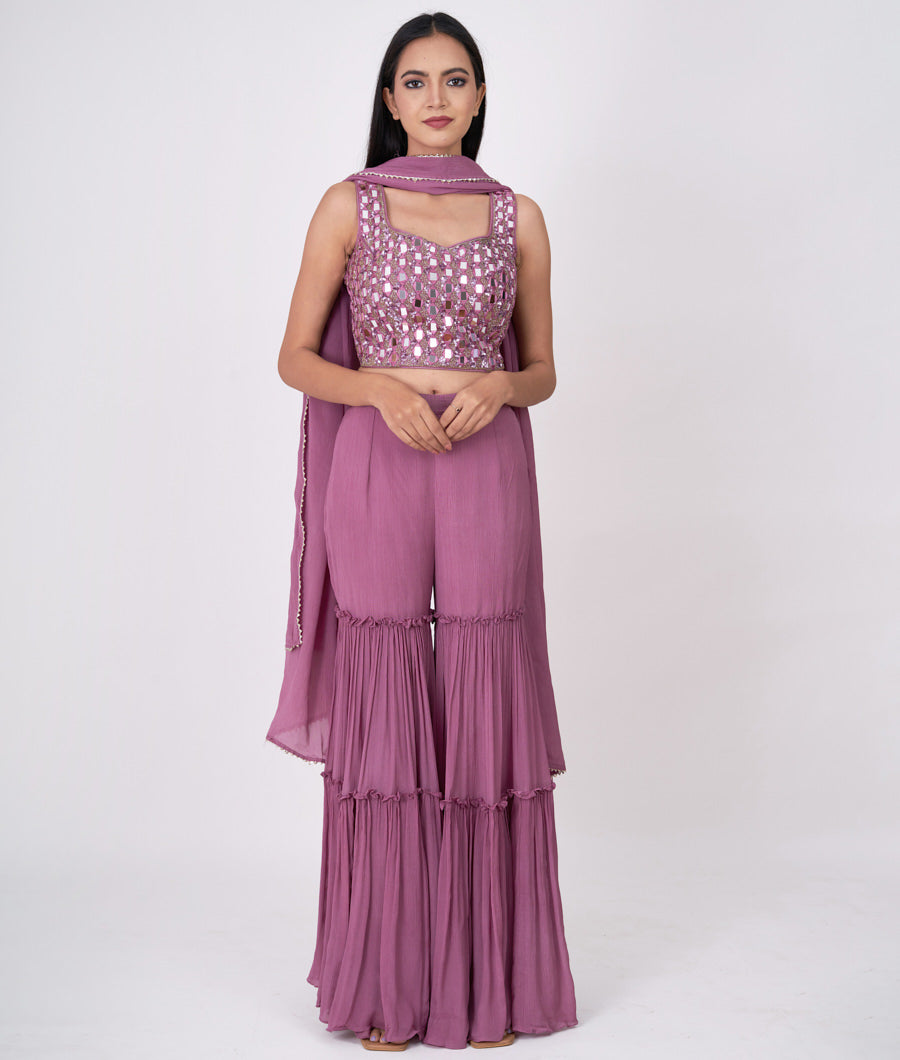 Onion Pink Blouse Sequins With Cutdana And Mirror Work Crop Top With Sharara Bottom Salwar Kameez
