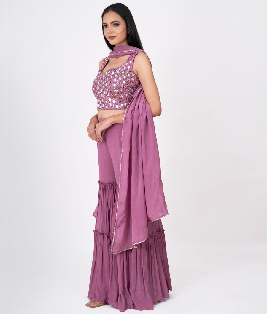 Onion Pink Blouse Sequins With Cutdana And Mirror Work Crop Top With Sharara Bottom Salwar Kameez